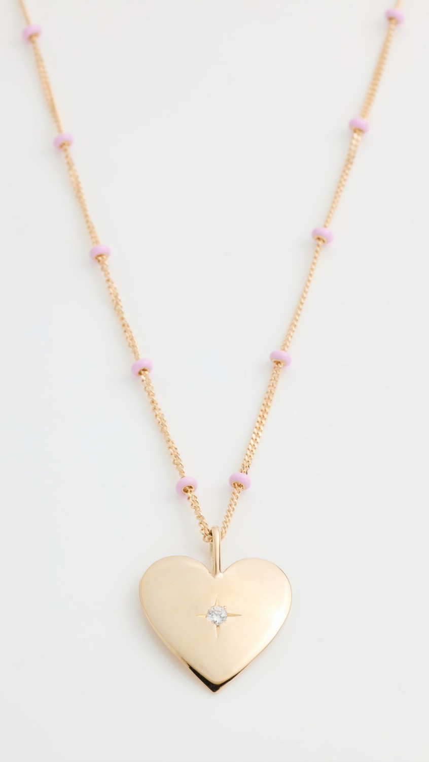 14K Aura Start Set Heart Charm On Pink Enamel Necklace  |  Necklaces Jewelry Necklaces