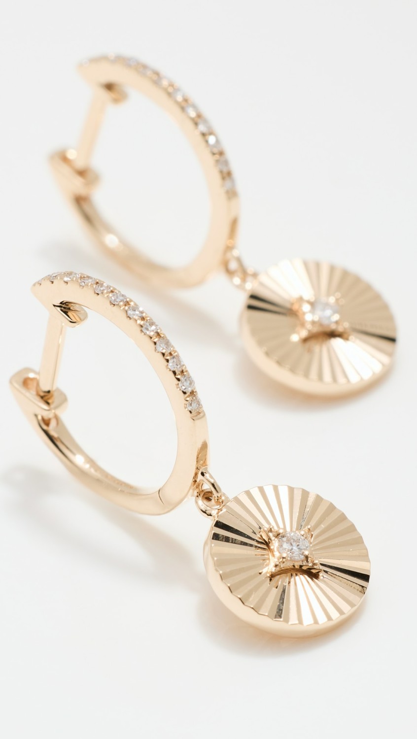 14K Gold & Diamond Fluted Disc Drop Huggies  |  Earrings Earrings Earrings