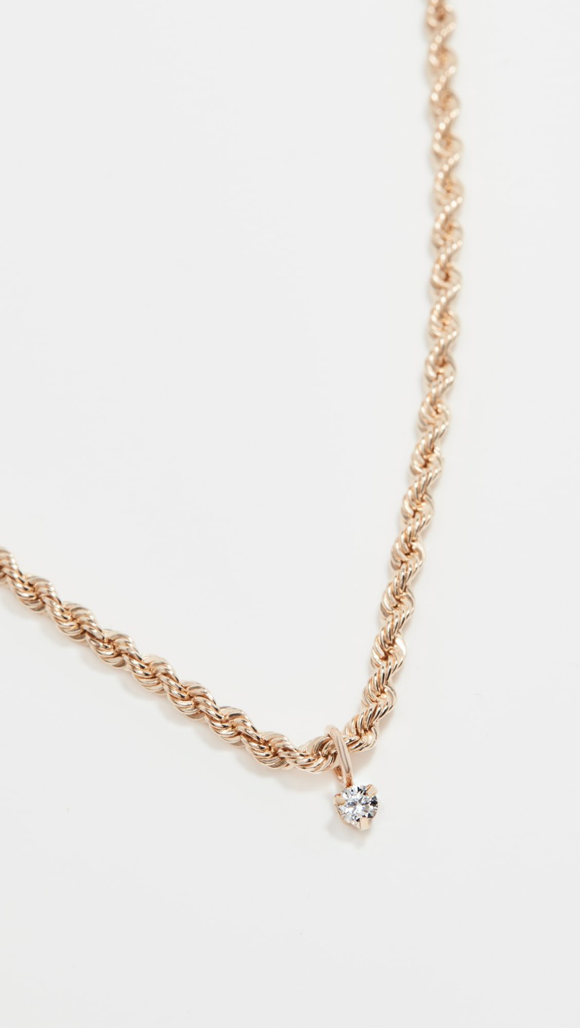 14K Medium Rope Chain Necklace With Dangling Prong Diamond  |  Necklaces Jewelry Gold