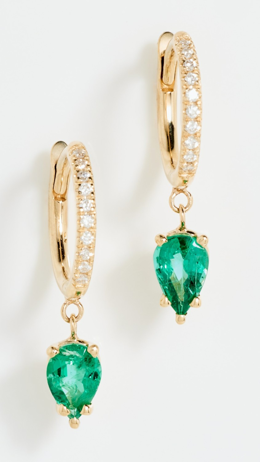 14K Pavé Hinge Huggie Hoops With Pear Cut Emeralds  |  Earrings Earrings Earrings