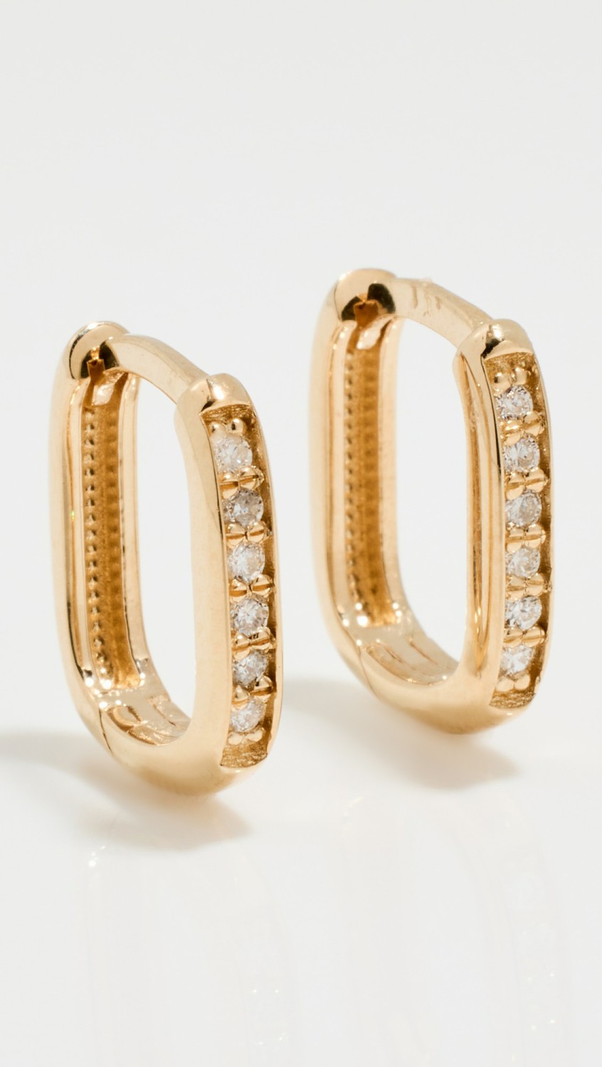 14K Pave Diamond Thick Small Oval Hinge Huggie Hoops  |  Earrings Earrings 14K Yellow Gold