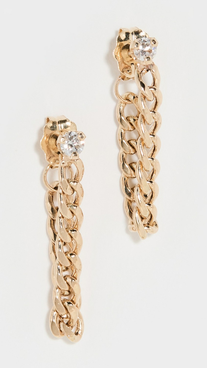 14K Prong Diamond Small Curb Chain Huggie Earrings  |  Earrings Earrings 14K Gold