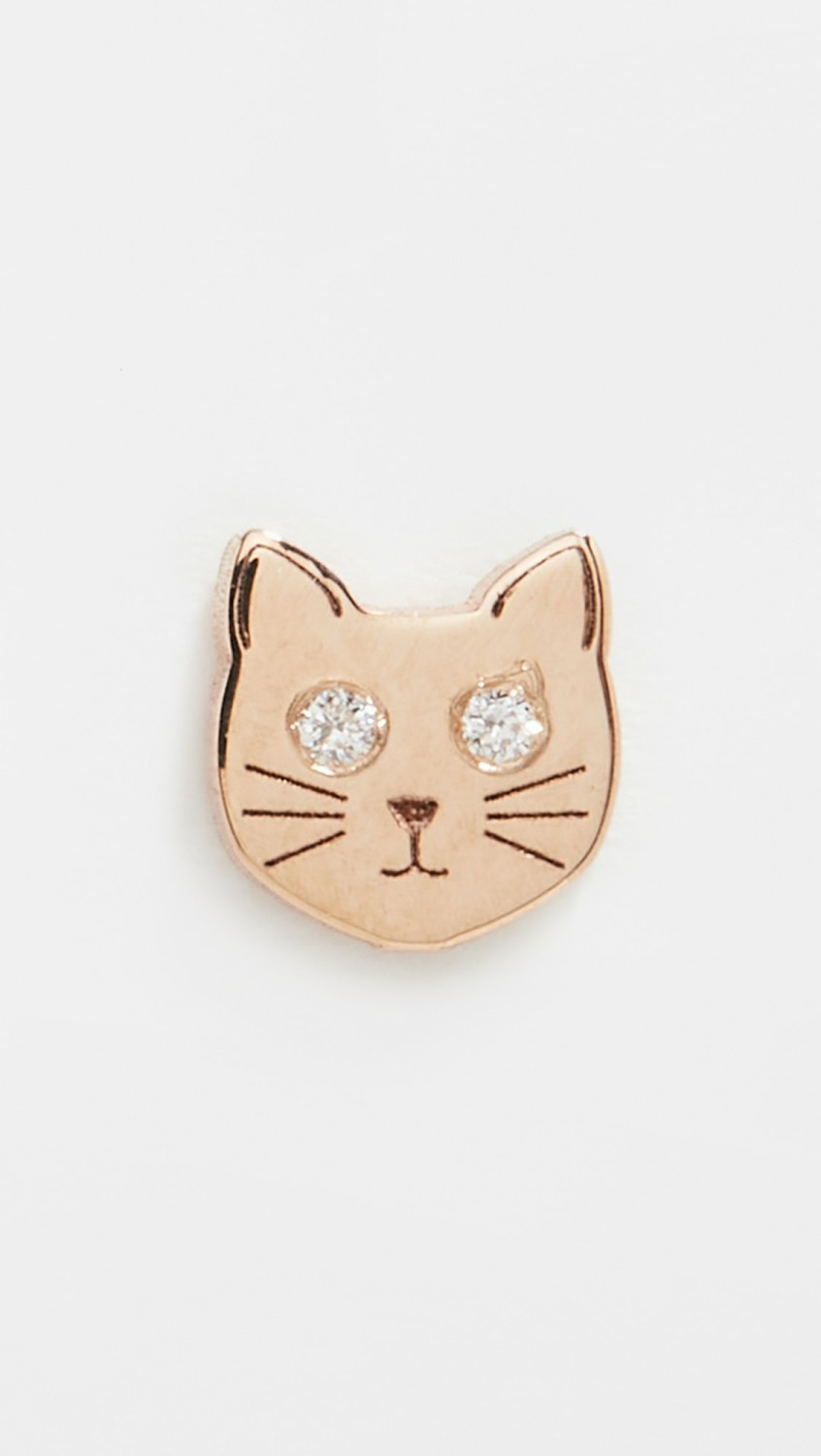 14K Single Itty Bitty Cat With Diamond Eyes Stud Earring  |  Earrings Earrings Earrings