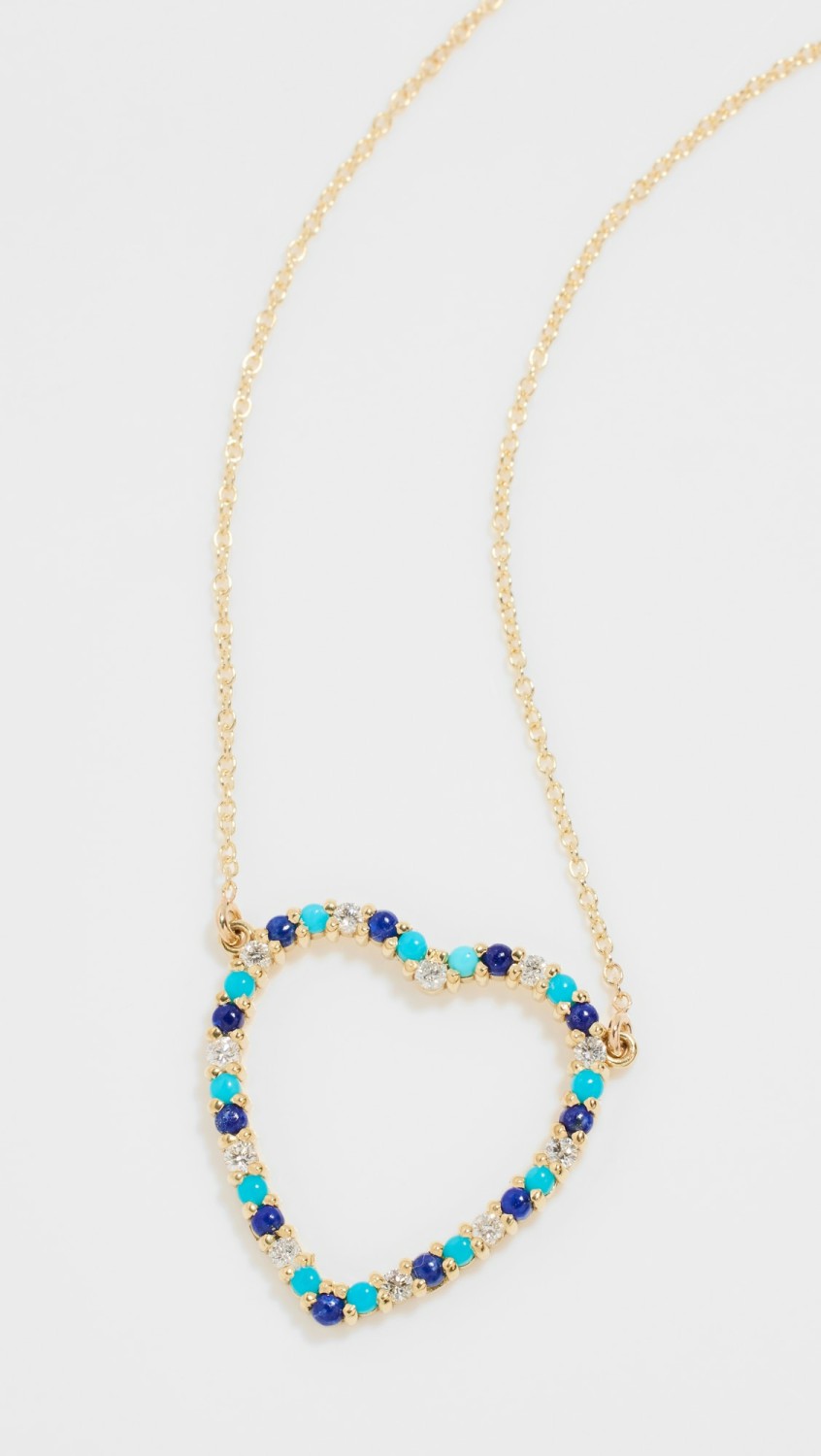 18K Large Diamond, Turquoise And Lapis Open Heart Necklace  |  Necklaces Jewelry 18K Yellow Gold