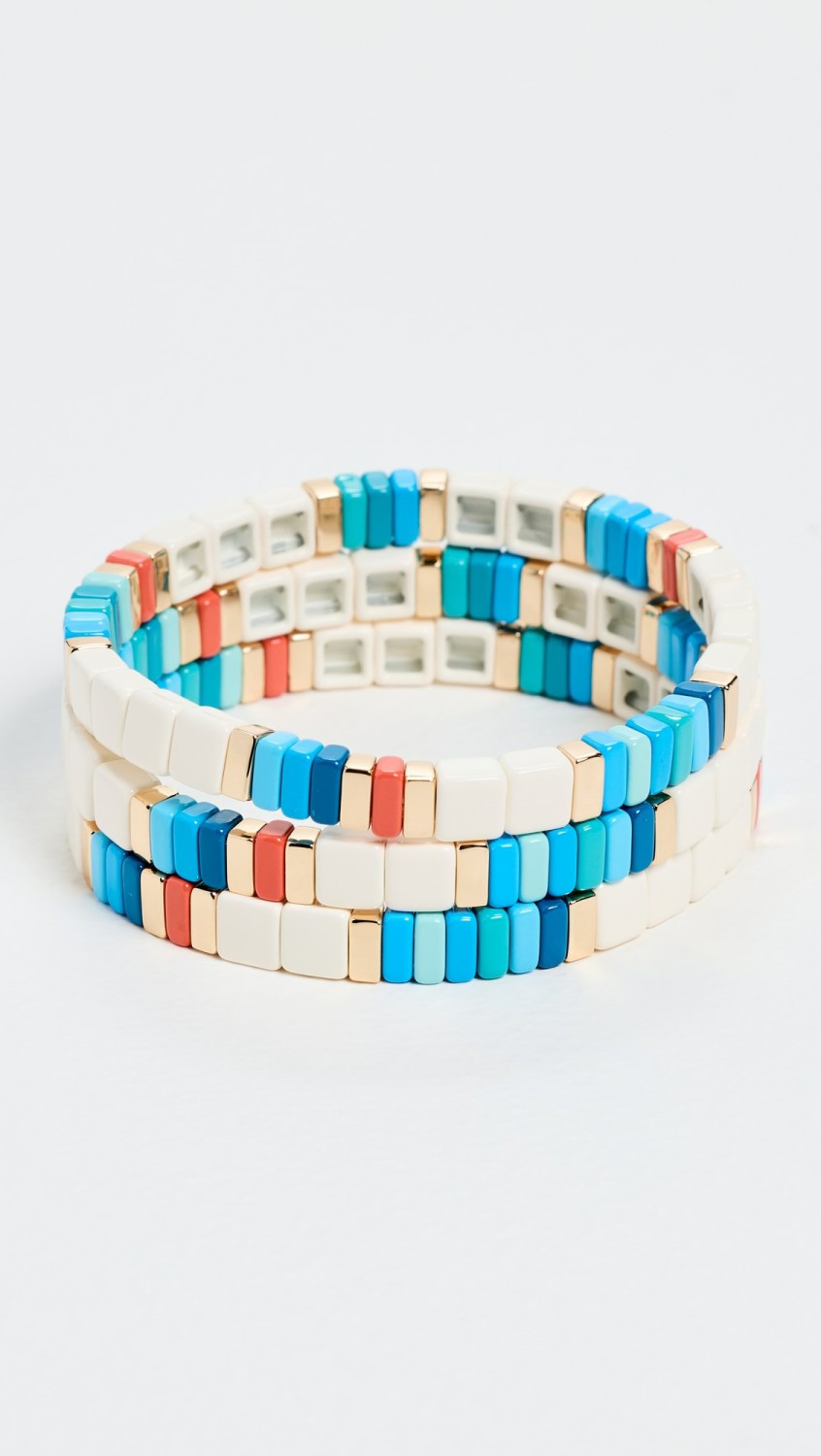 Enamel And Gold Tone Beaded Stretch Bracelet Set  |  Bracelets Bracelets Blue Multi