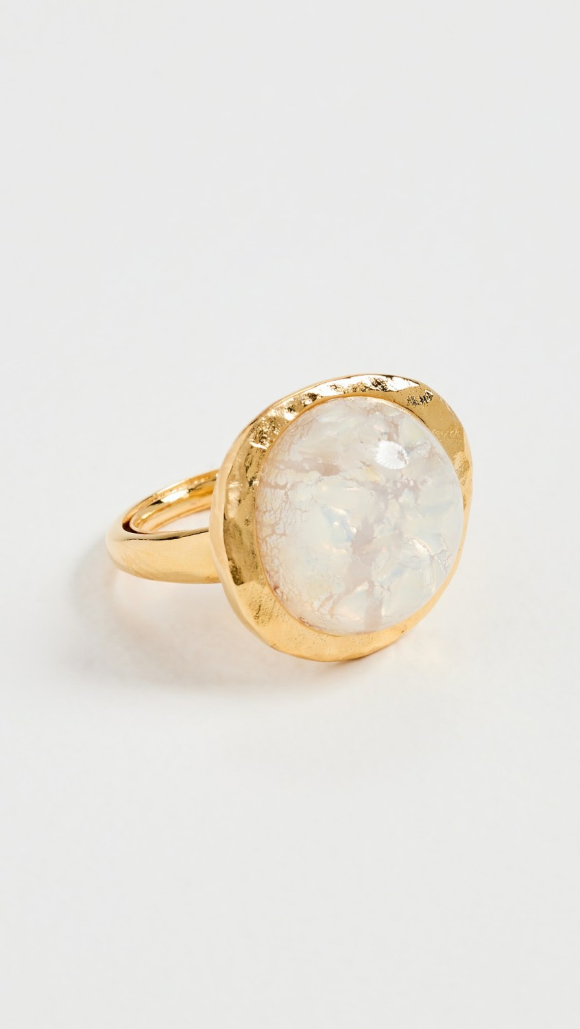 Gold Button White Opal Adjustable Ring  |  Rings Jewelry Gold/White Opal