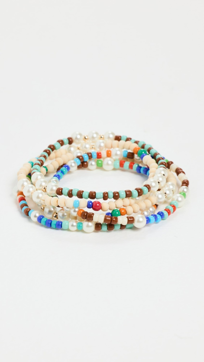 Mixed Stripe Pearl And Seed Bead Stretch Bracelet Set  |  Bracelets Bracelets Blue Multi