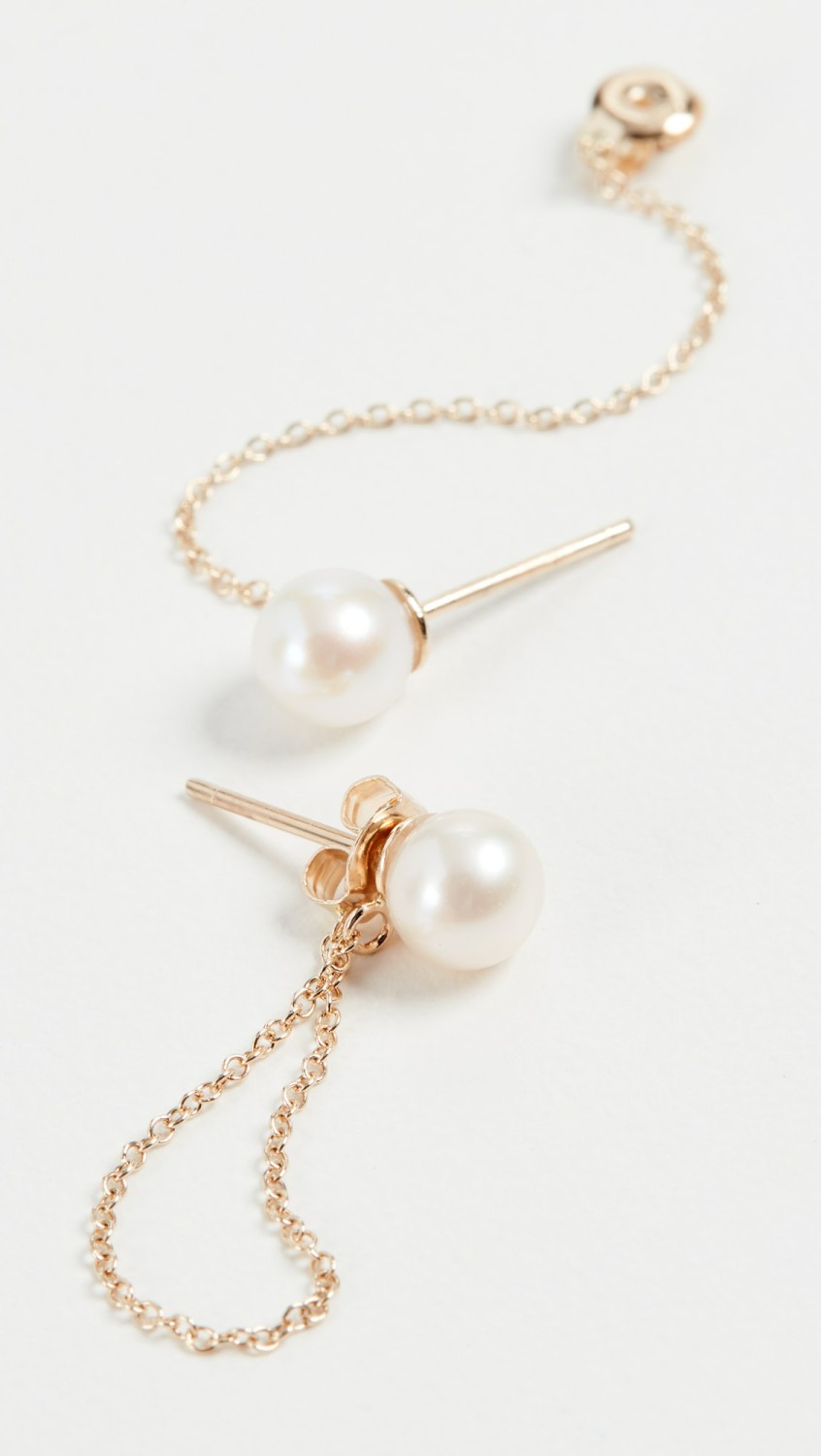 Pearl Stud With Chain Drop Earrings  |  Earrings Earrings 14K Yellow Gold