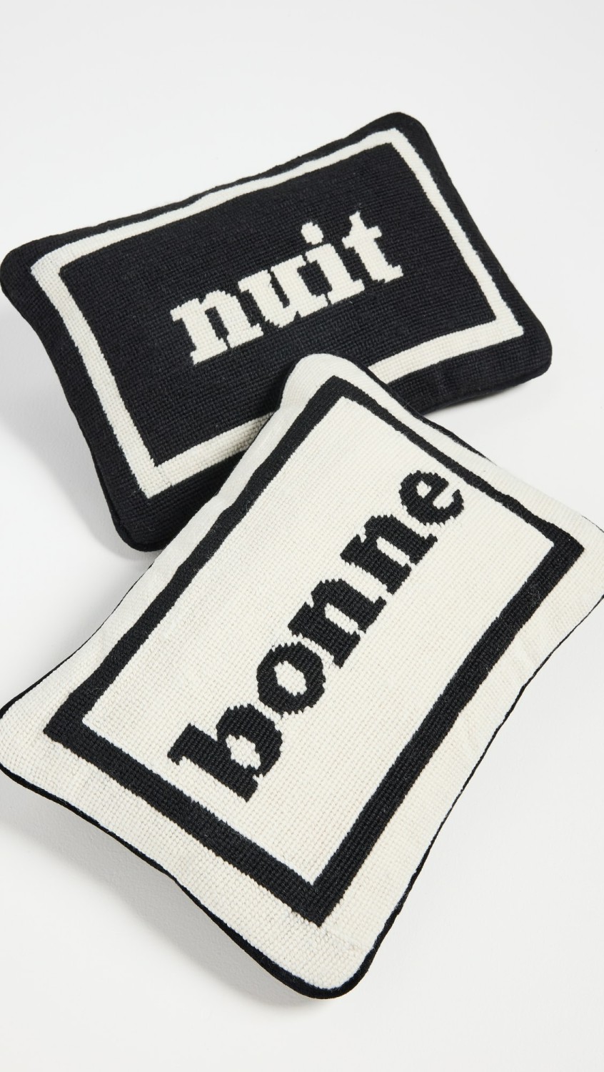 Bonne Nuit Needlepoint Pillow Set  |  Décor Décor Black/White